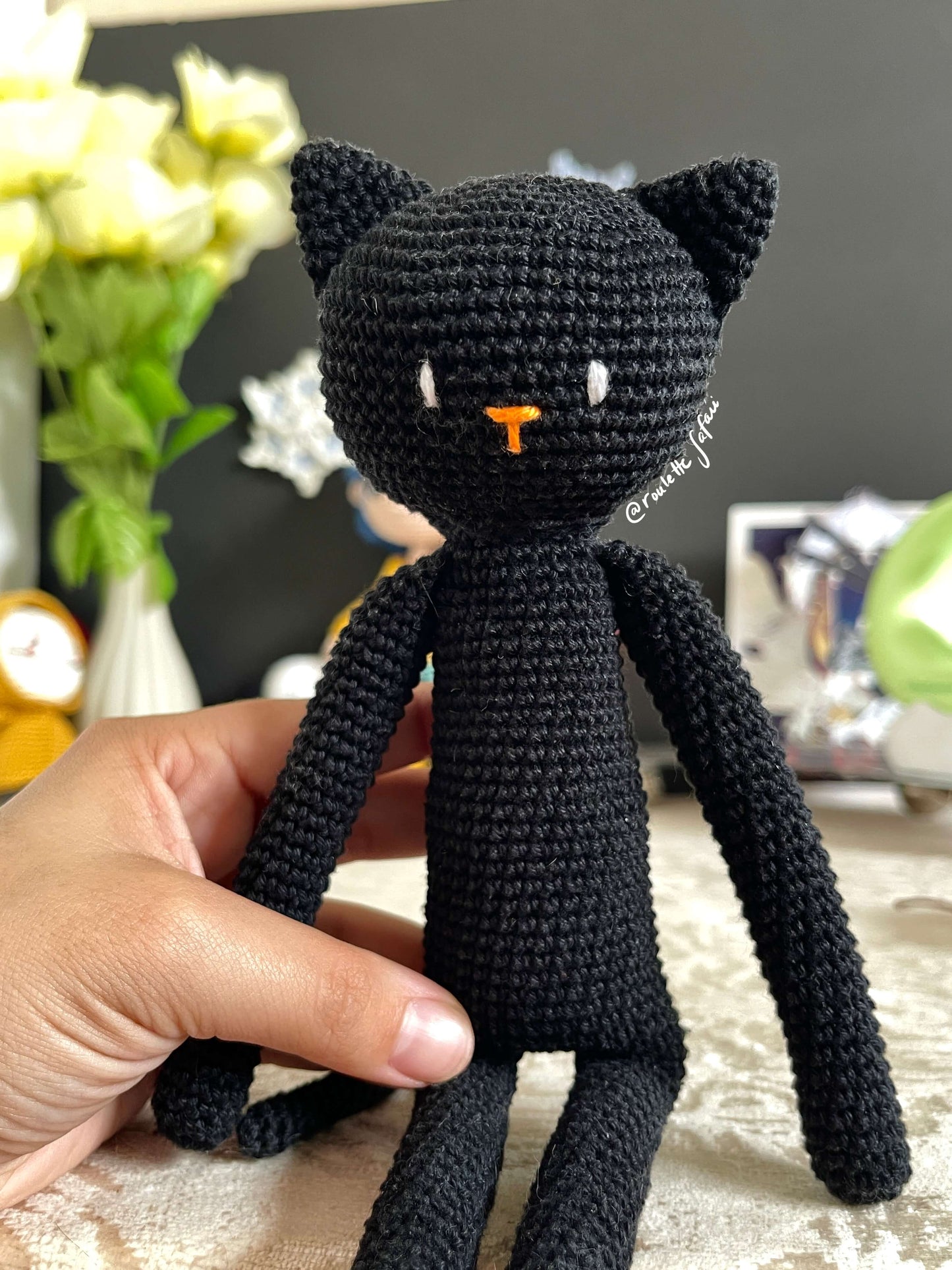 Black Crochet Amigurumi Long legged Cat Monsieur Elegant Chat Noir plush toy