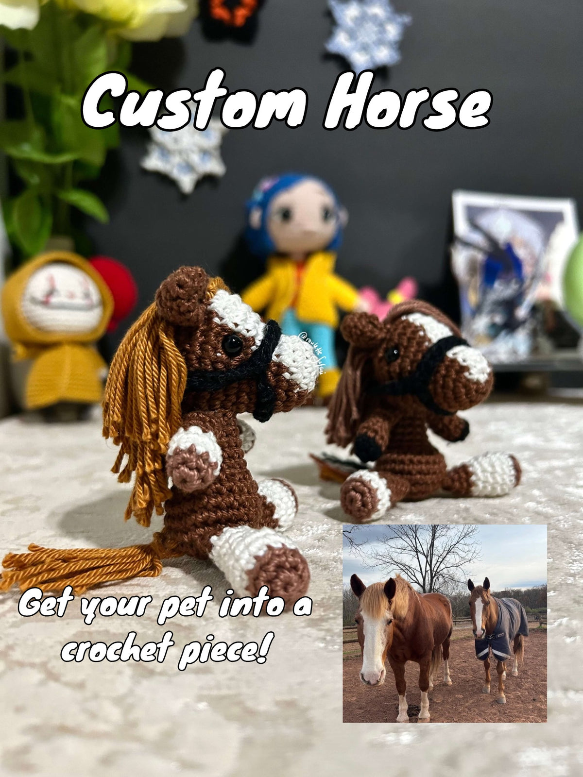 Brown White patches Crochet Amigurumi Horse with a mount keychain plush toy