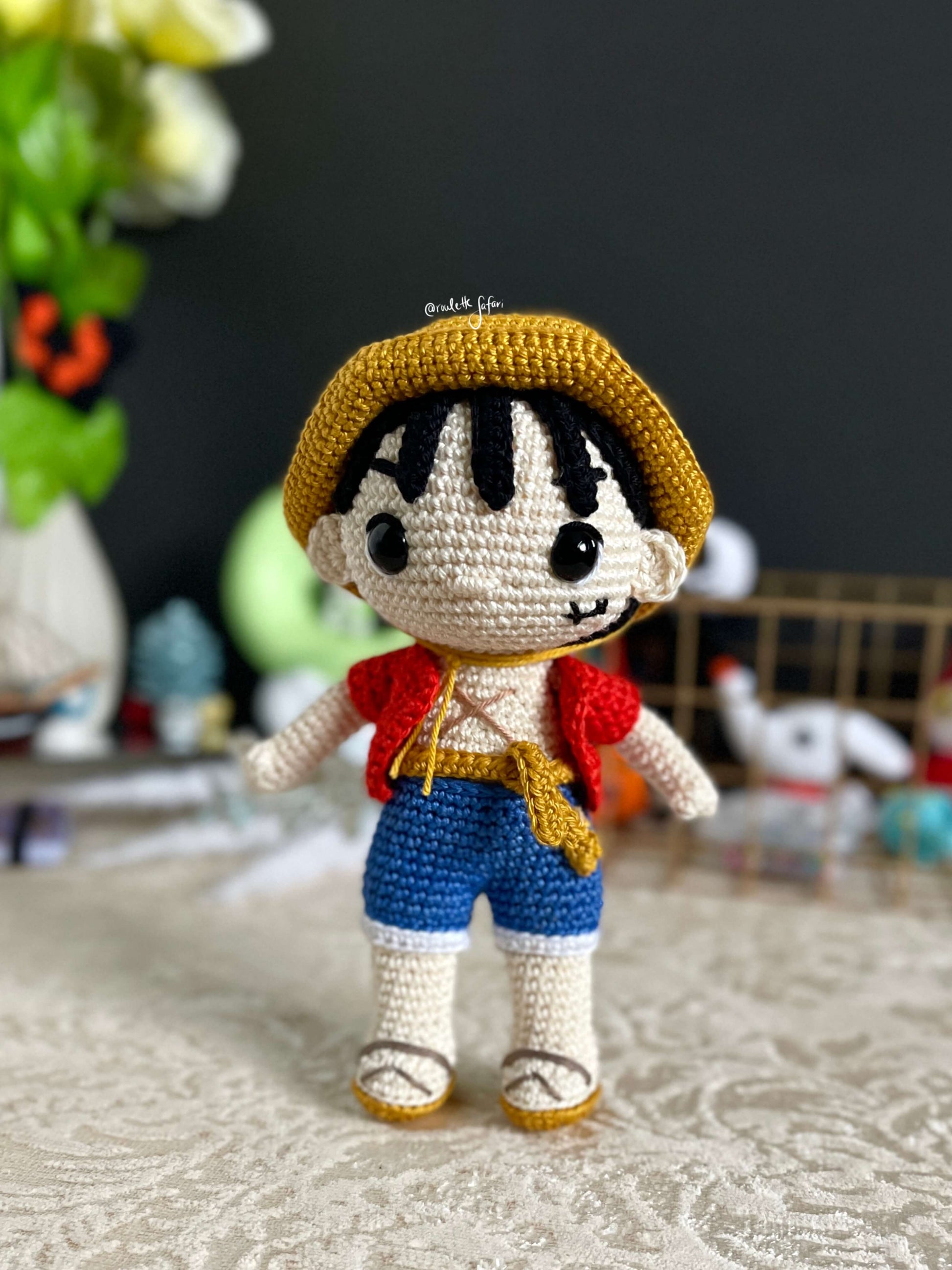 Crochet Amigurumi Pirate with a straw hat inspired Anime Luffy one piece plush doll