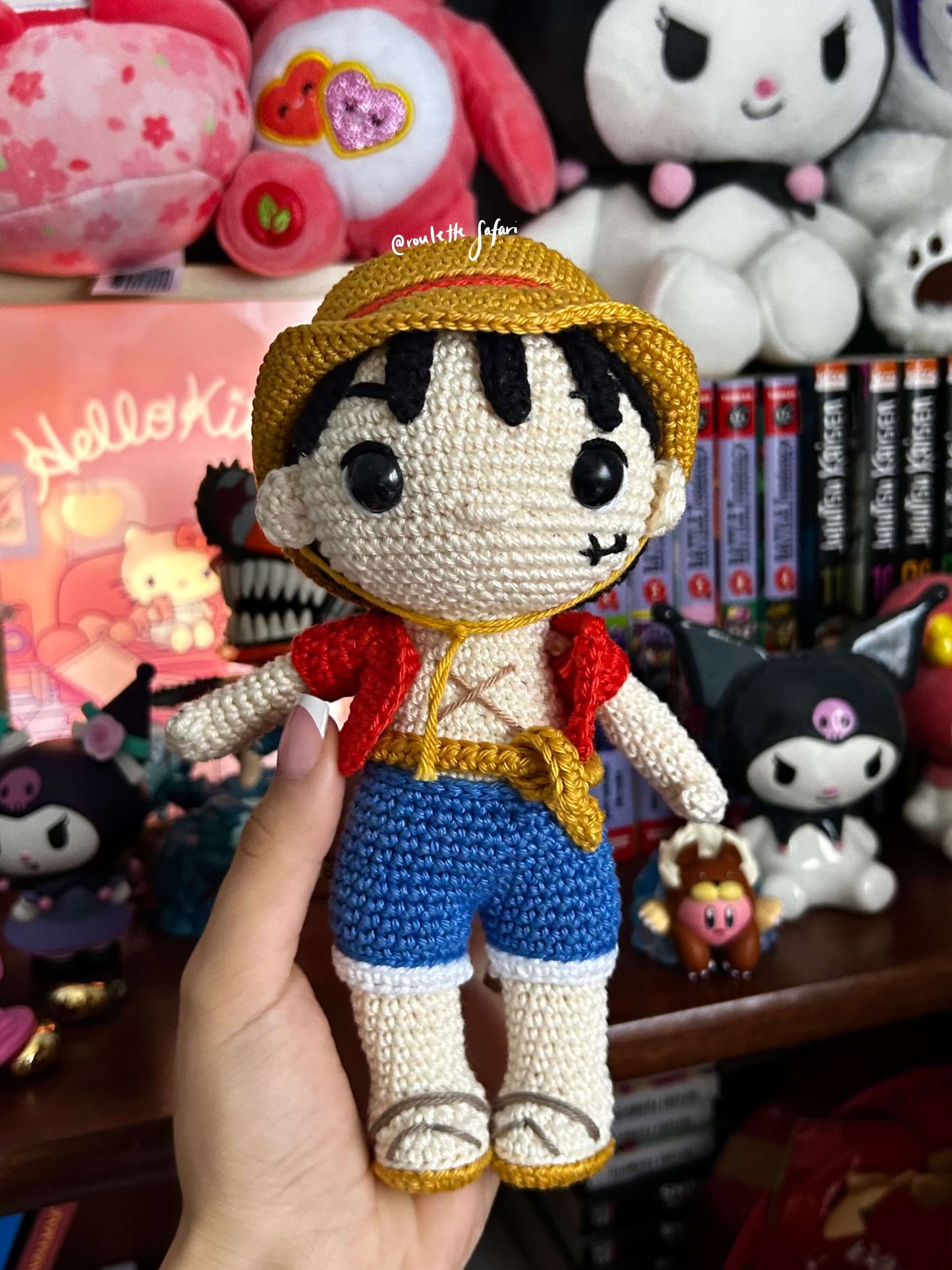 Crochet Amigurumi Pirate with a straw hat inspired Anime Luffy one piece plush doll