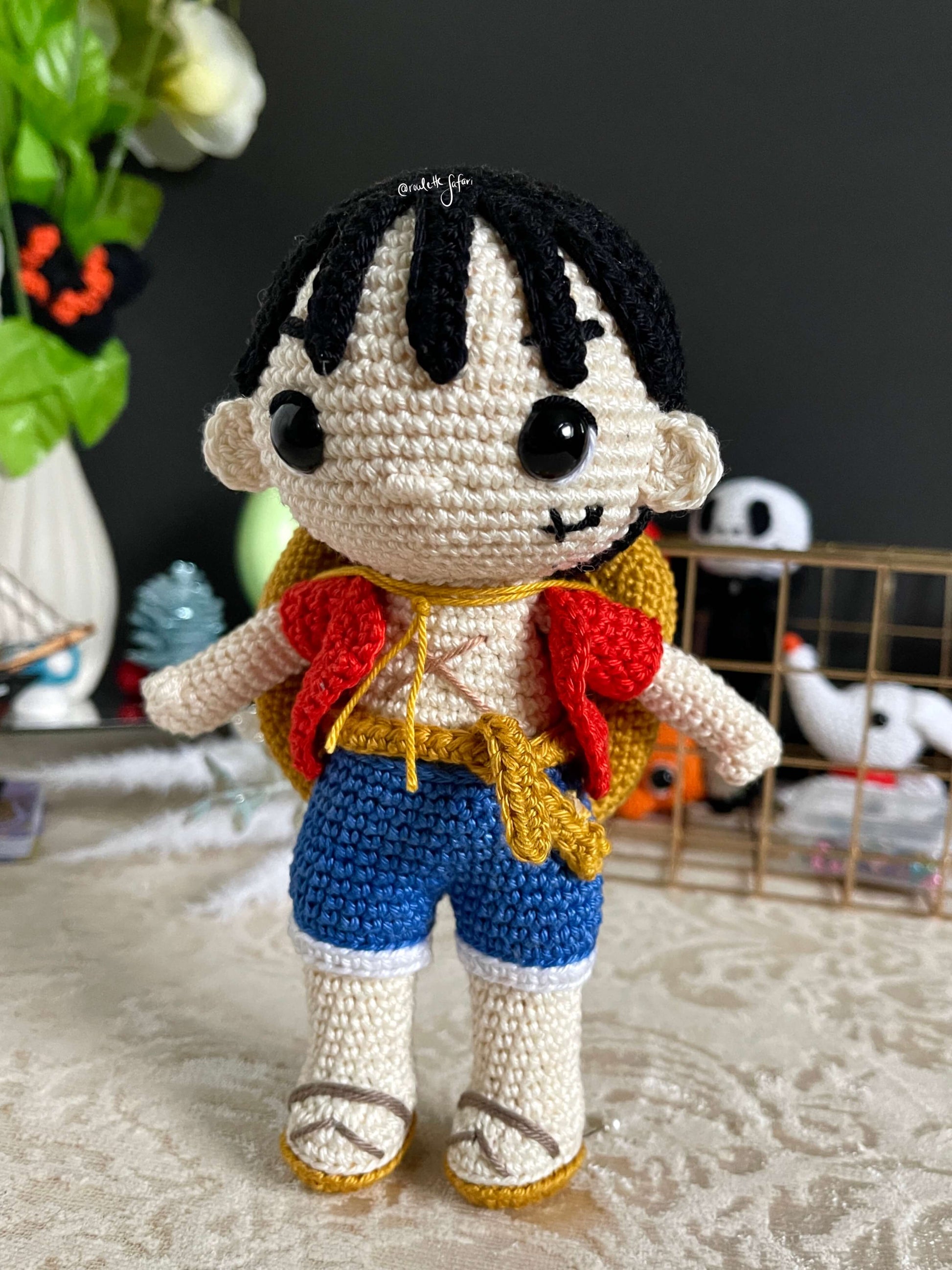 Crochet Amigurumi Pirate with a straw hat inspired Anime Luffy one piece plush doll
