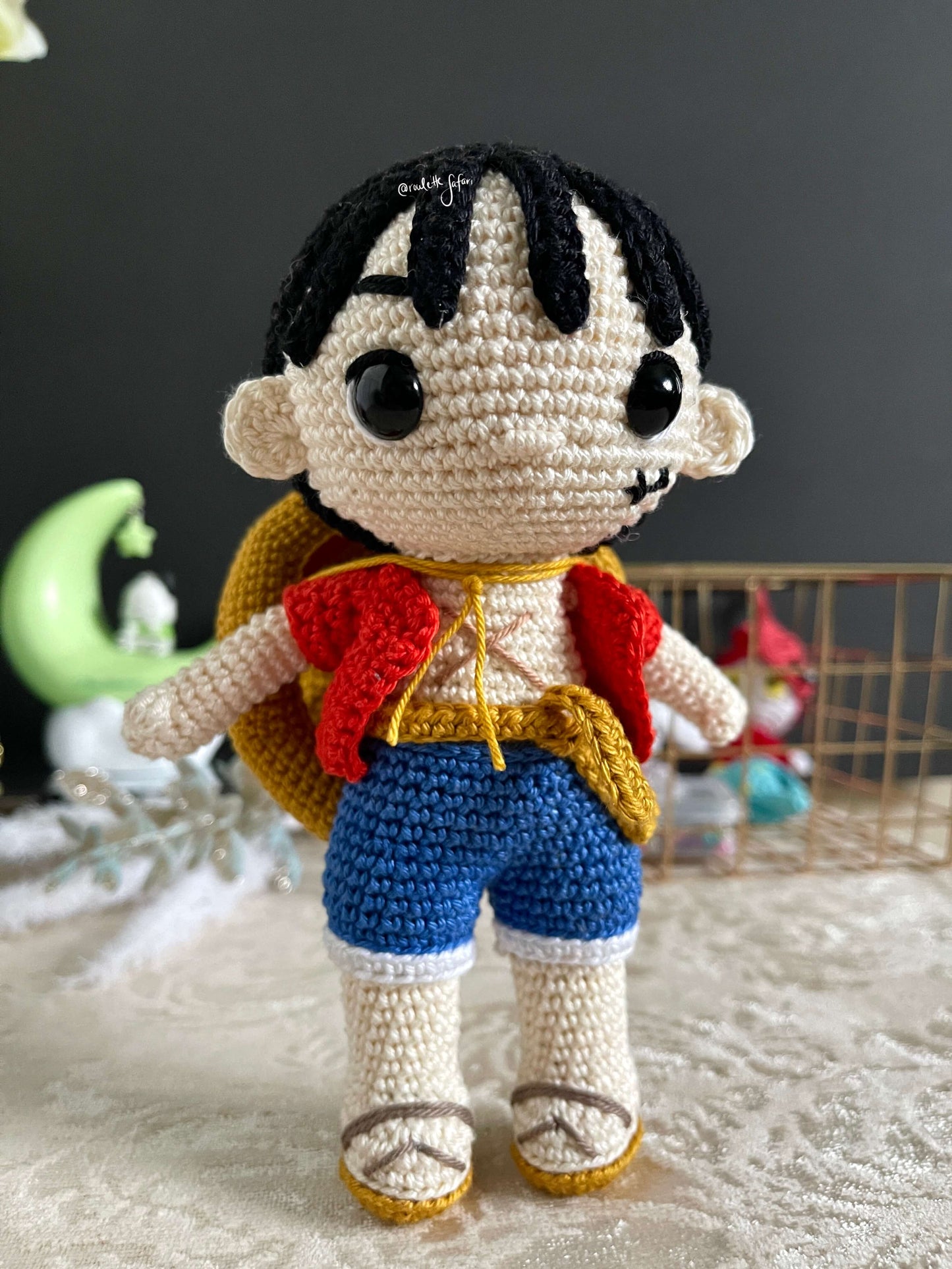 Crochet Amigurumi Pirate with a straw hat inspired Anime Luffy one piece plush doll