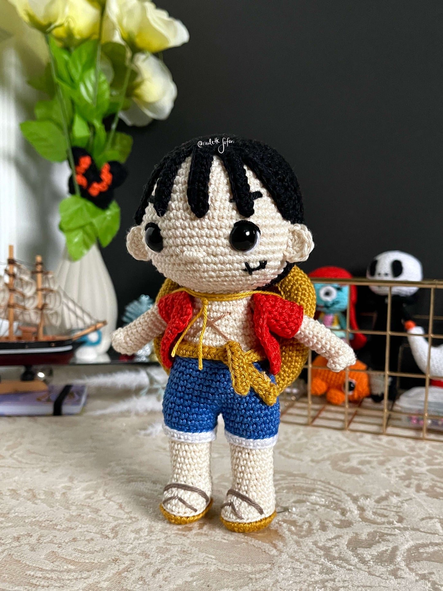 Crochet Amigurumi Pirate with a straw hat inspired Anime Luffy one piece plush doll