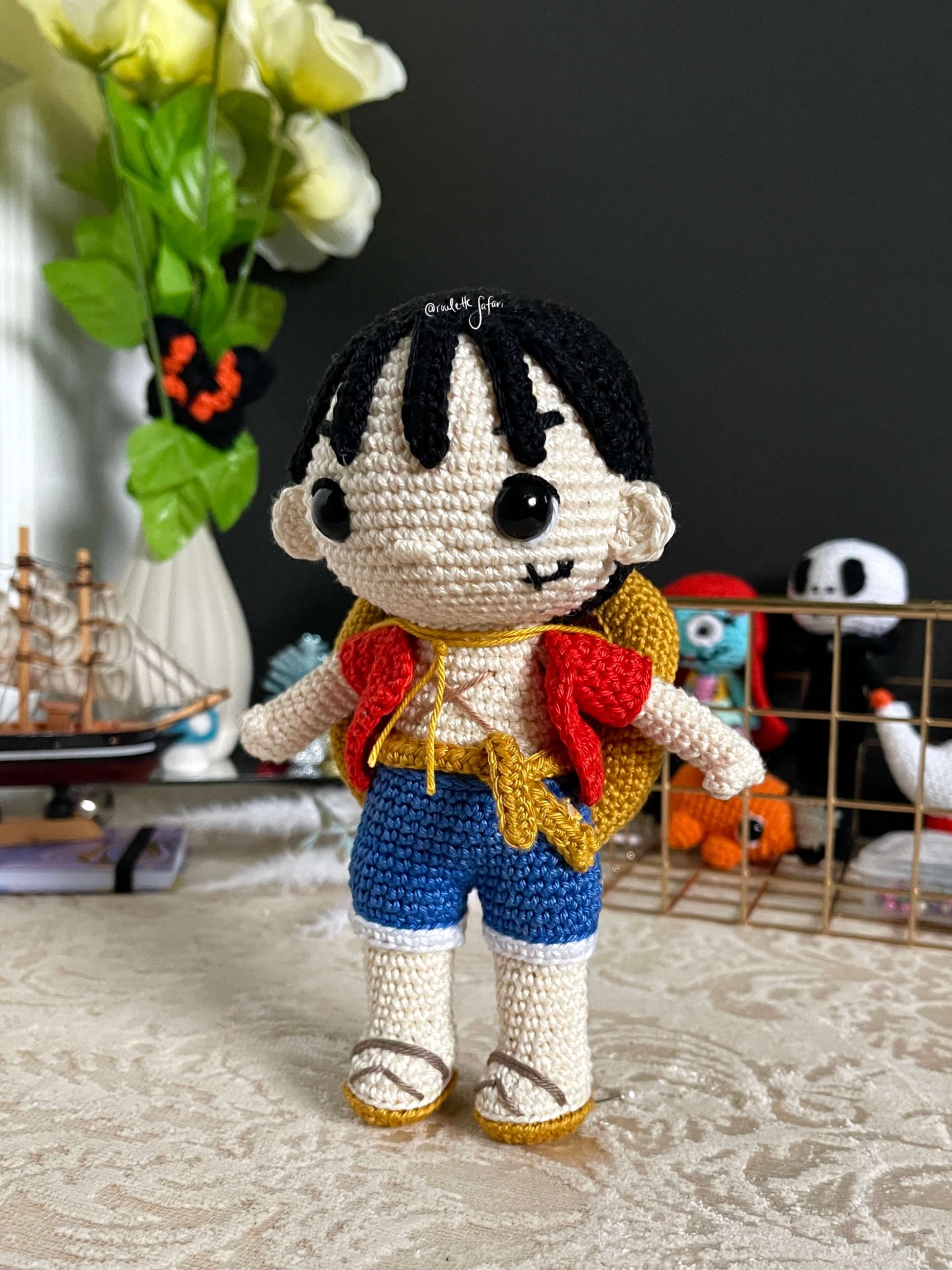 Crochet Amigurumi Pirate with a straw hat inspired Anime Luffy one piece plush doll