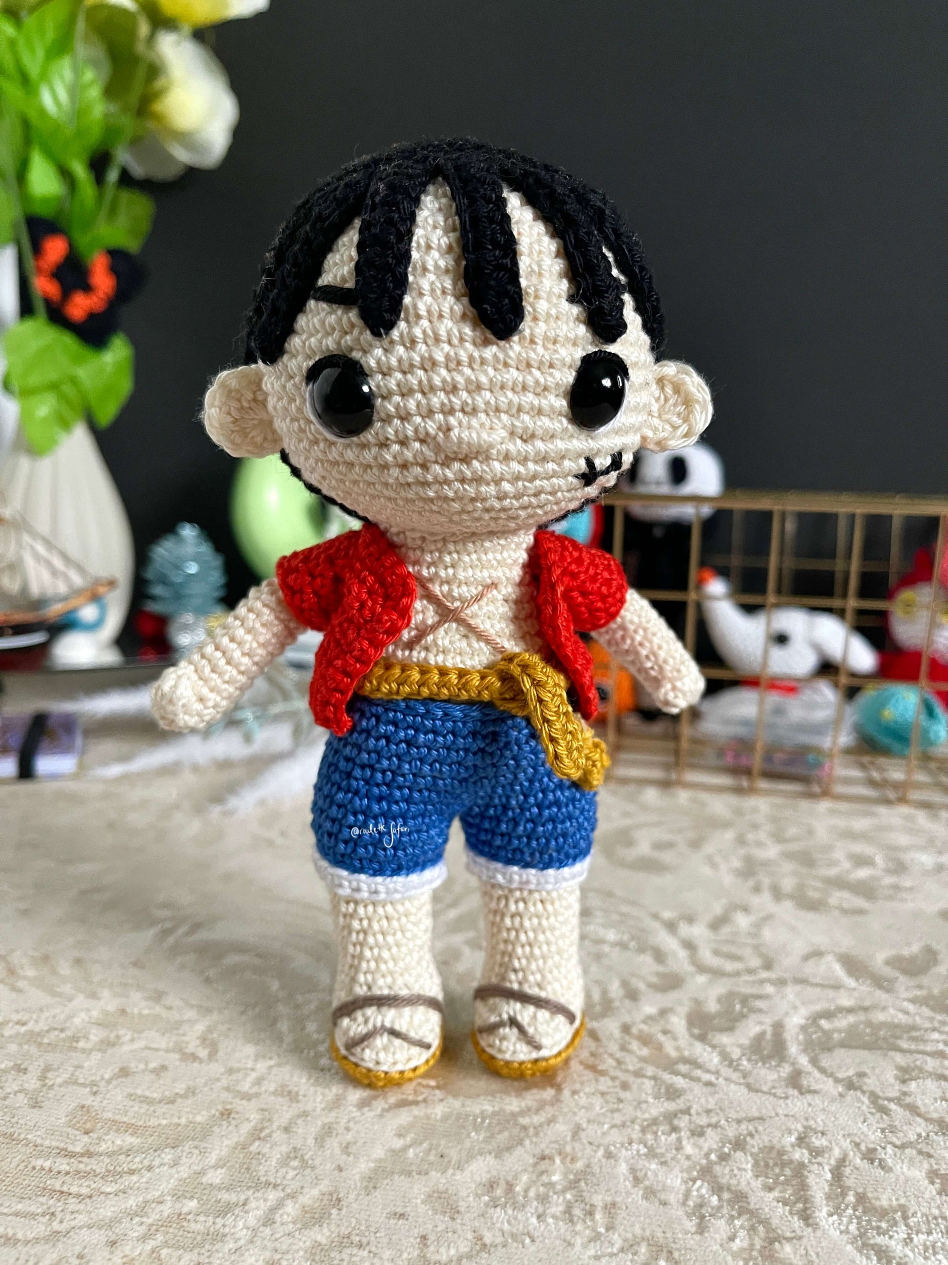 Crochet Amigurumi Pirate with a straw hat inspired Anime Luffy one piece plush doll