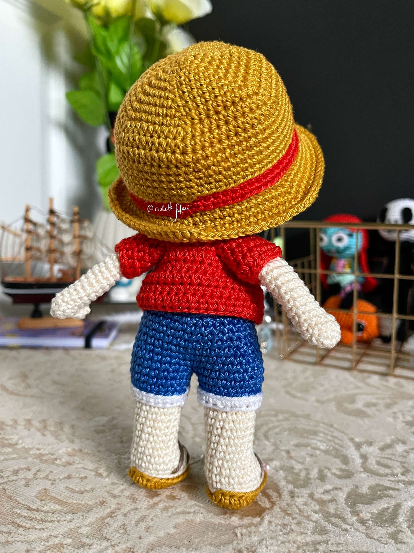 Crochet Amigurumi Pirate with a straw hat inspired Anime Luffy one piece plush doll