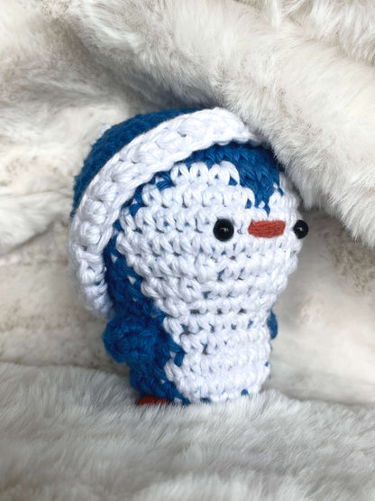 Blue Crochet Amigurumi Penguin with a hat beanie plush toy keychain