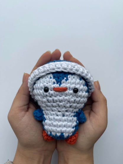 Blue Crochet Amigurumi Penguin with a hat beanie plush toy keychain