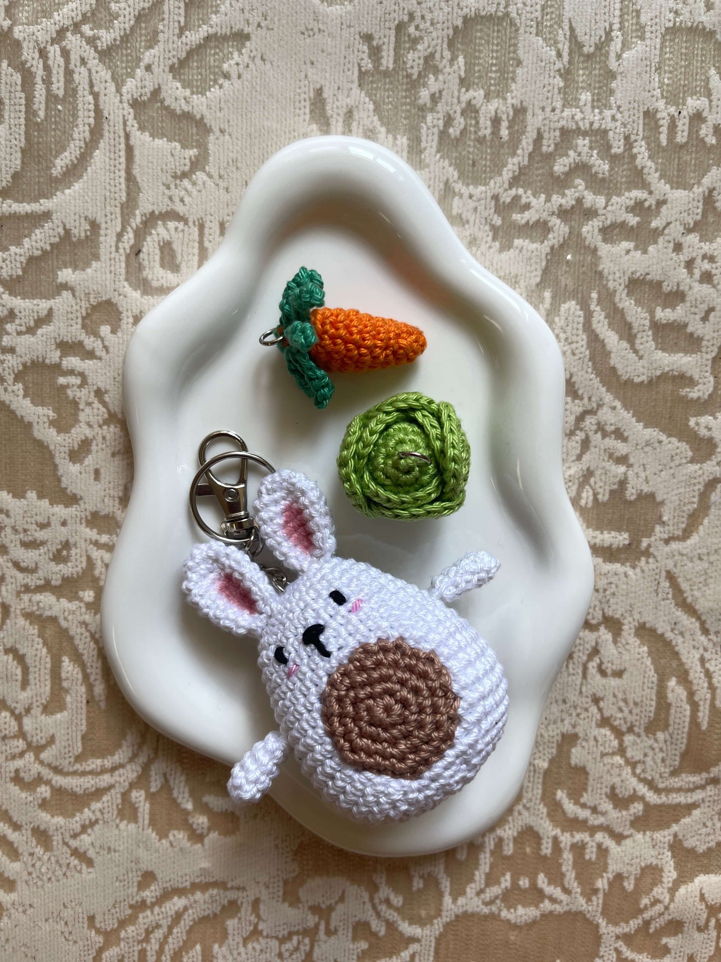 Crochet Amigurumi Bunny plush toy keychain with cabbage and carrot