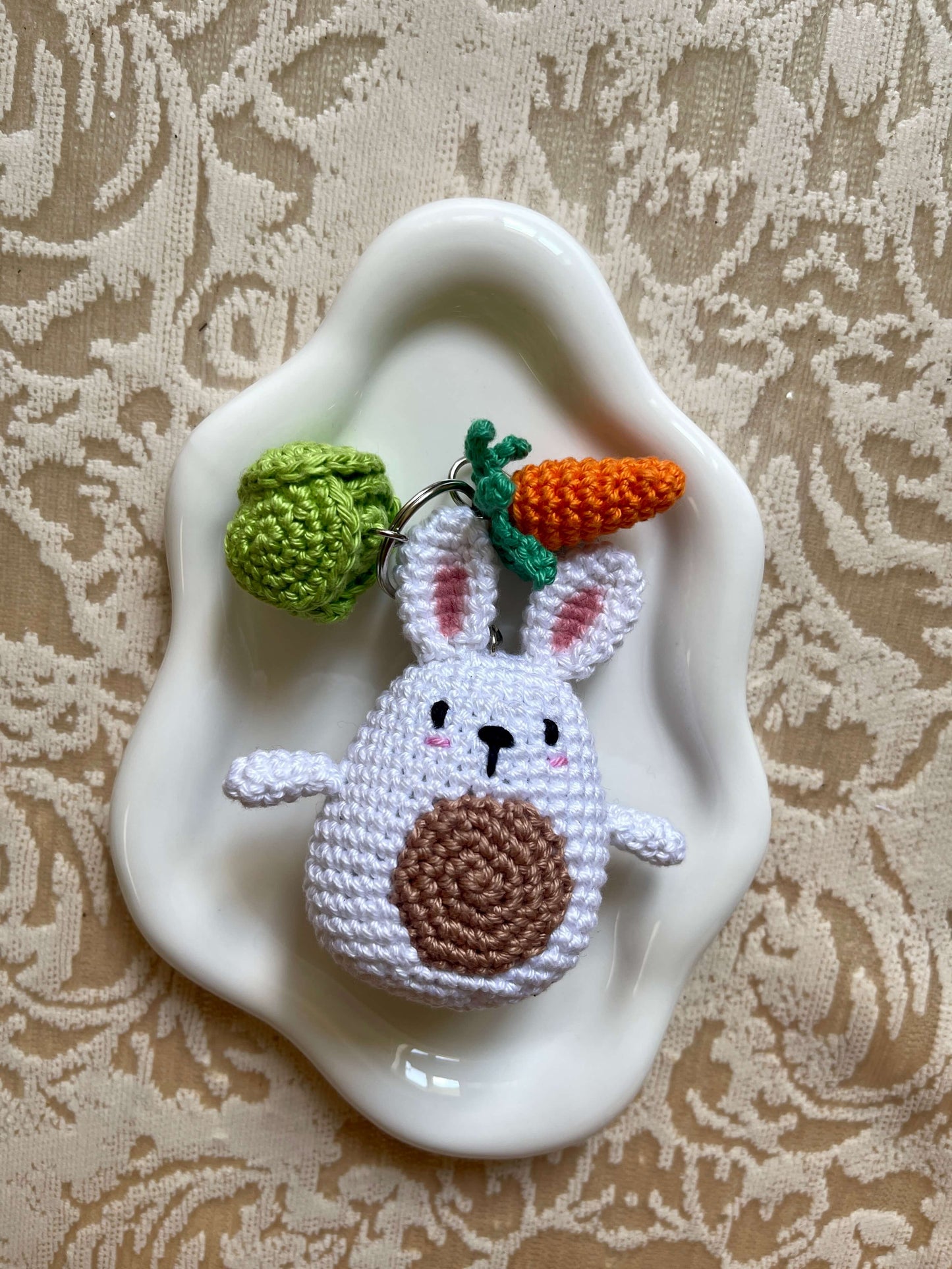 Crochet Amigurumi Bunny plush toy keychain with cabbage and carrot