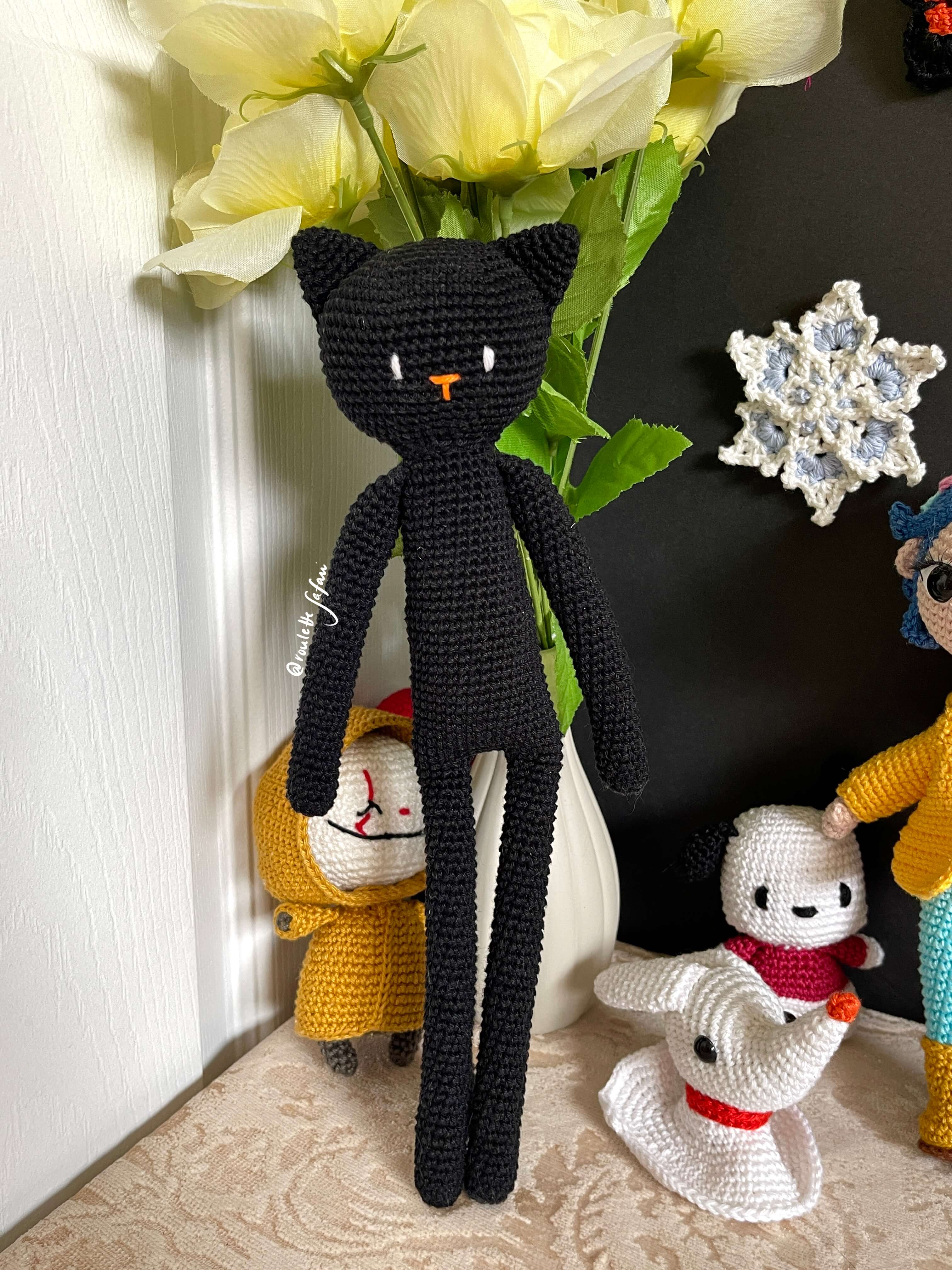 Black Crochet Amigurumi Long legged Cat Monsieur Elegant Chat Noir plush toy