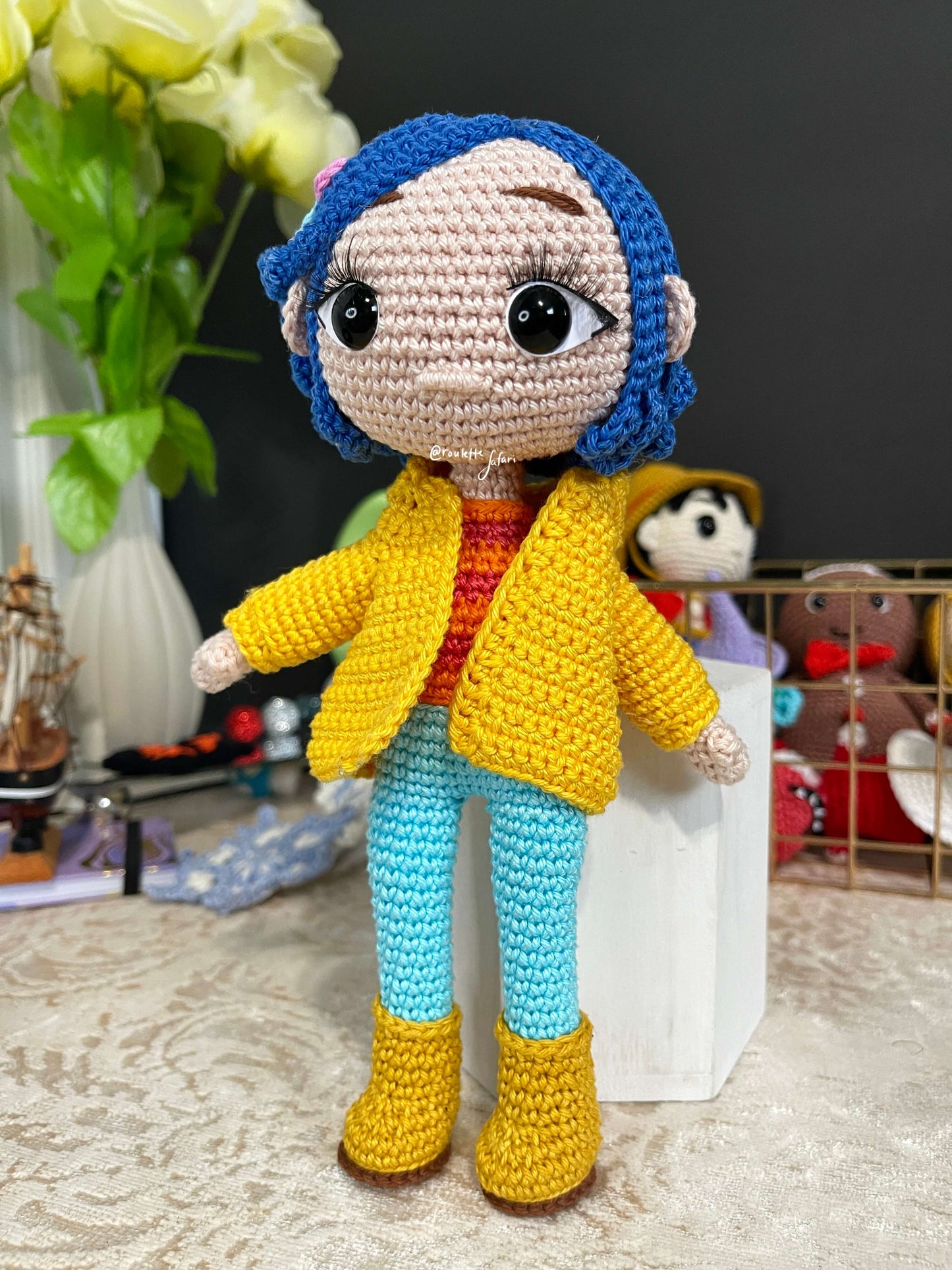 Crochet Amigurumi Coraline with a raincoat inspired Anime plush doll