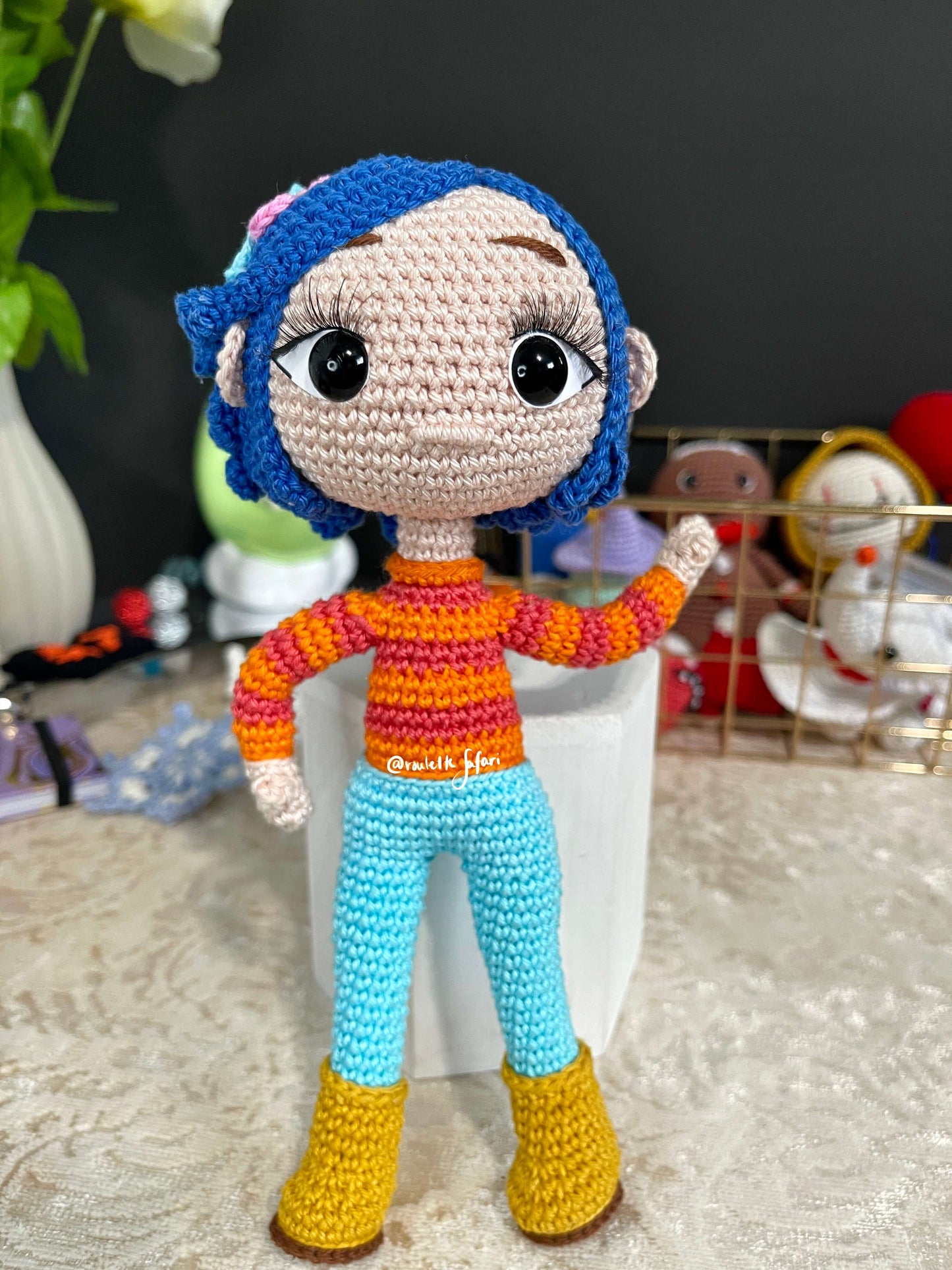 Crochet Amigurumi Coraline with a raincoat inspired Anime plush doll