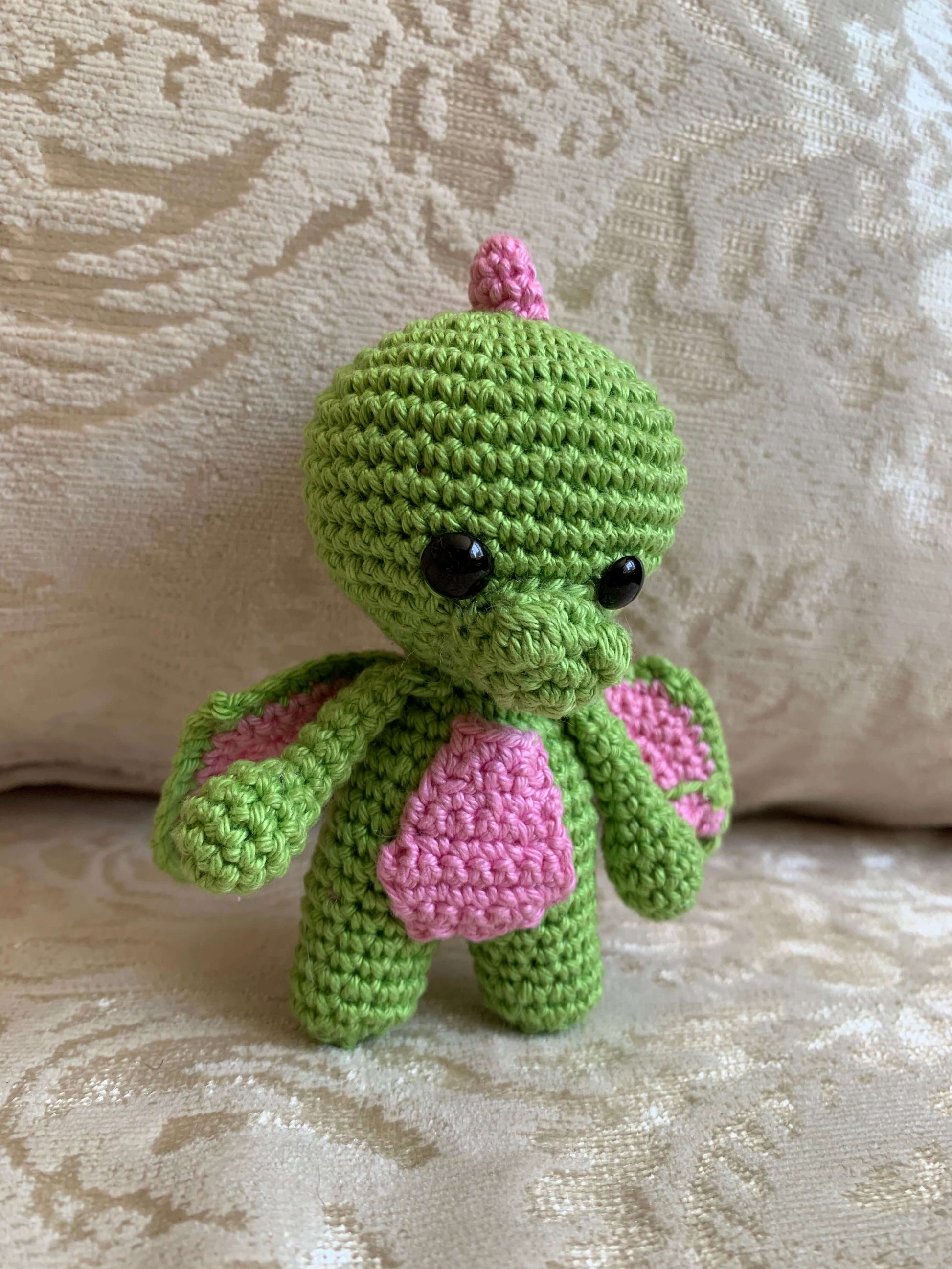 Crochet Amigurumi Green Pink Winged Dragon plush toy keychain