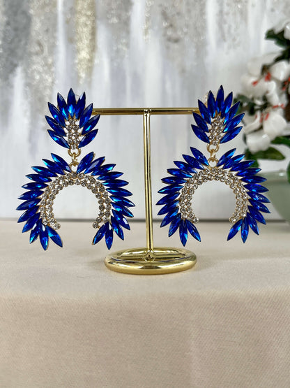 Blue fancy geometric peacock feather shape dangle drop fashion jewelry earrings with rhinestones on stand - Roulette Safari