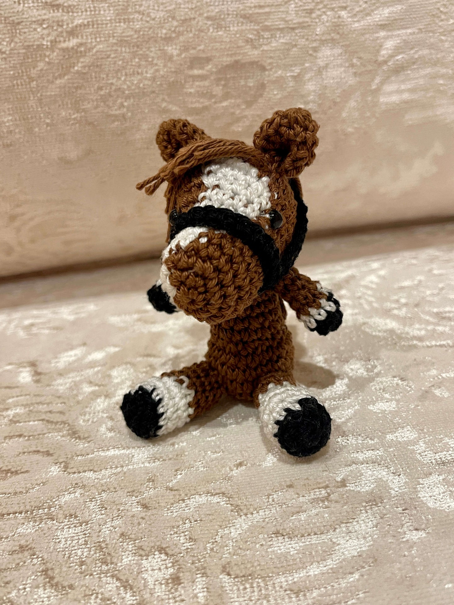 Brown White patches Crochet Amigurumi Horse with a mount keychain plush toy