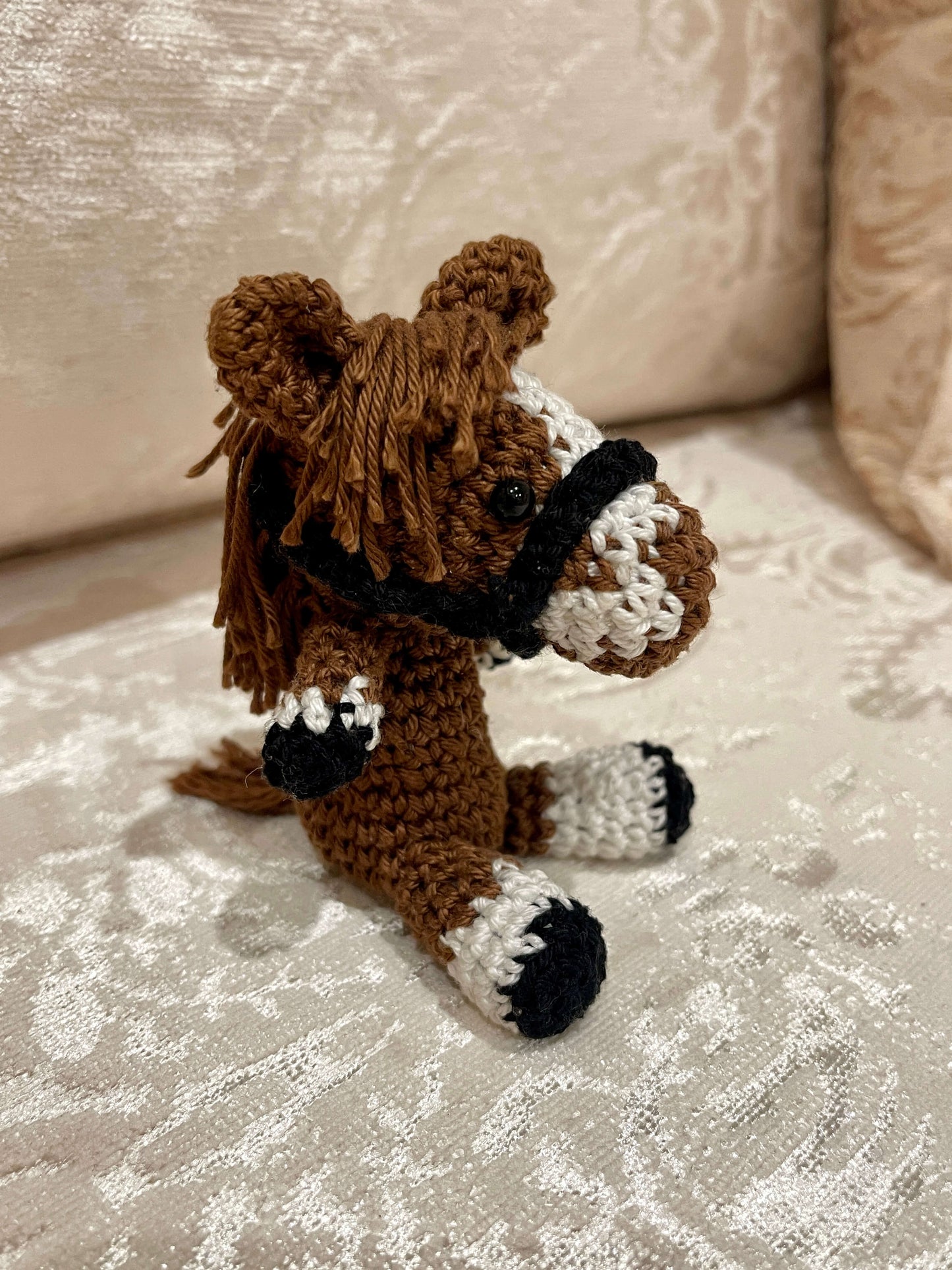 Brown White patches Crochet Amigurumi Horse with a mount keychain plush toy