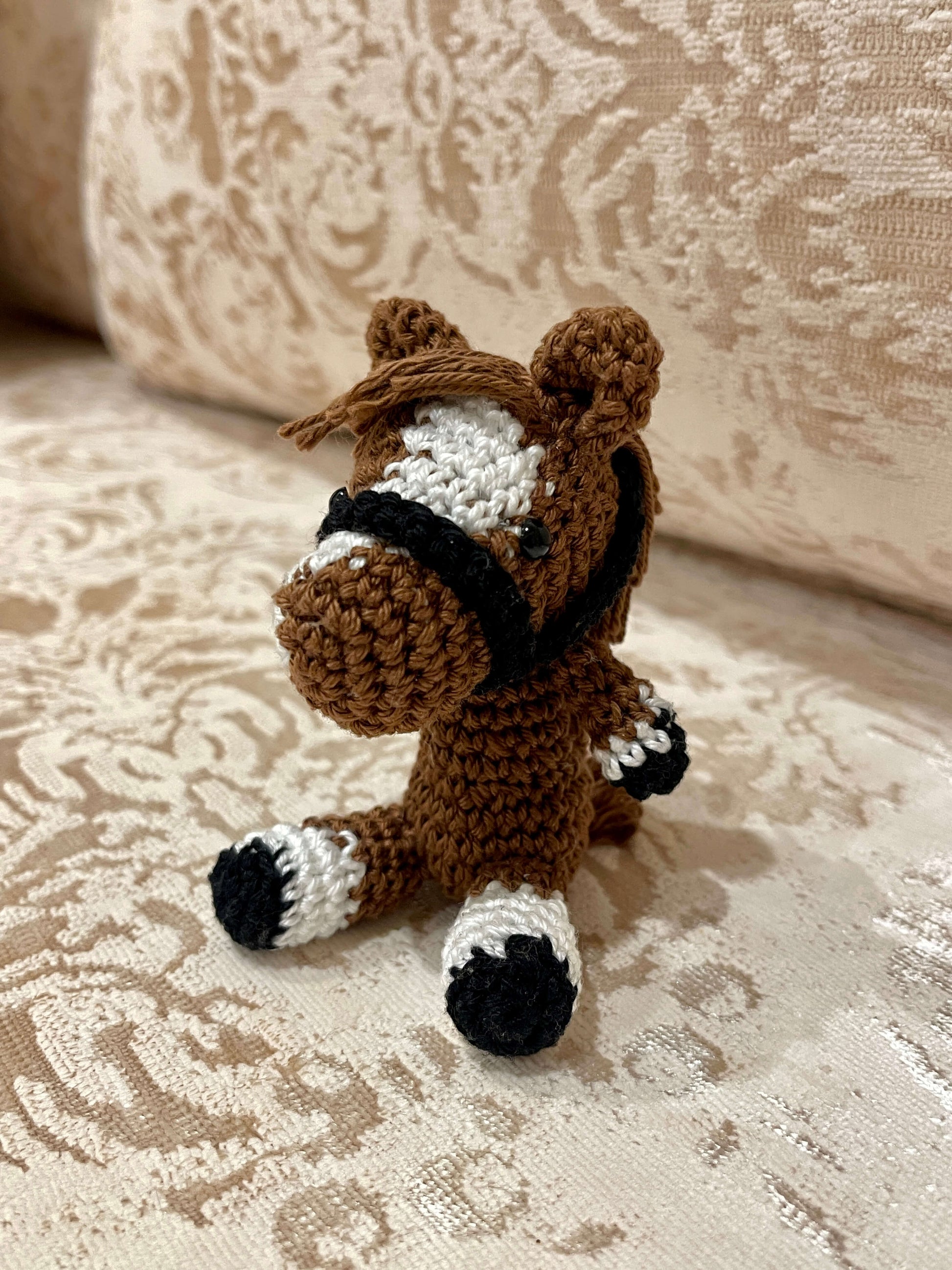 Brown White patches Crochet Amigurumi Horse with a mount keychain plush toy