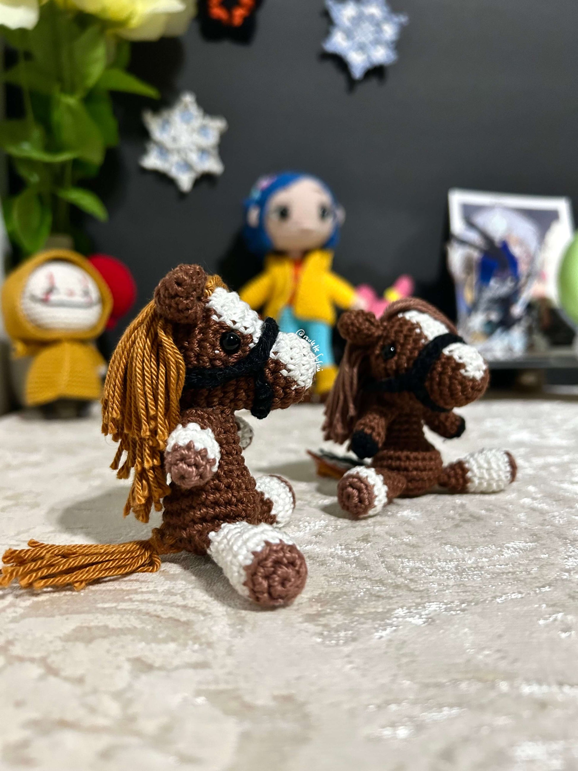 Brown White patches Crochet Amigurumi Horse with a mount keychain plush toy