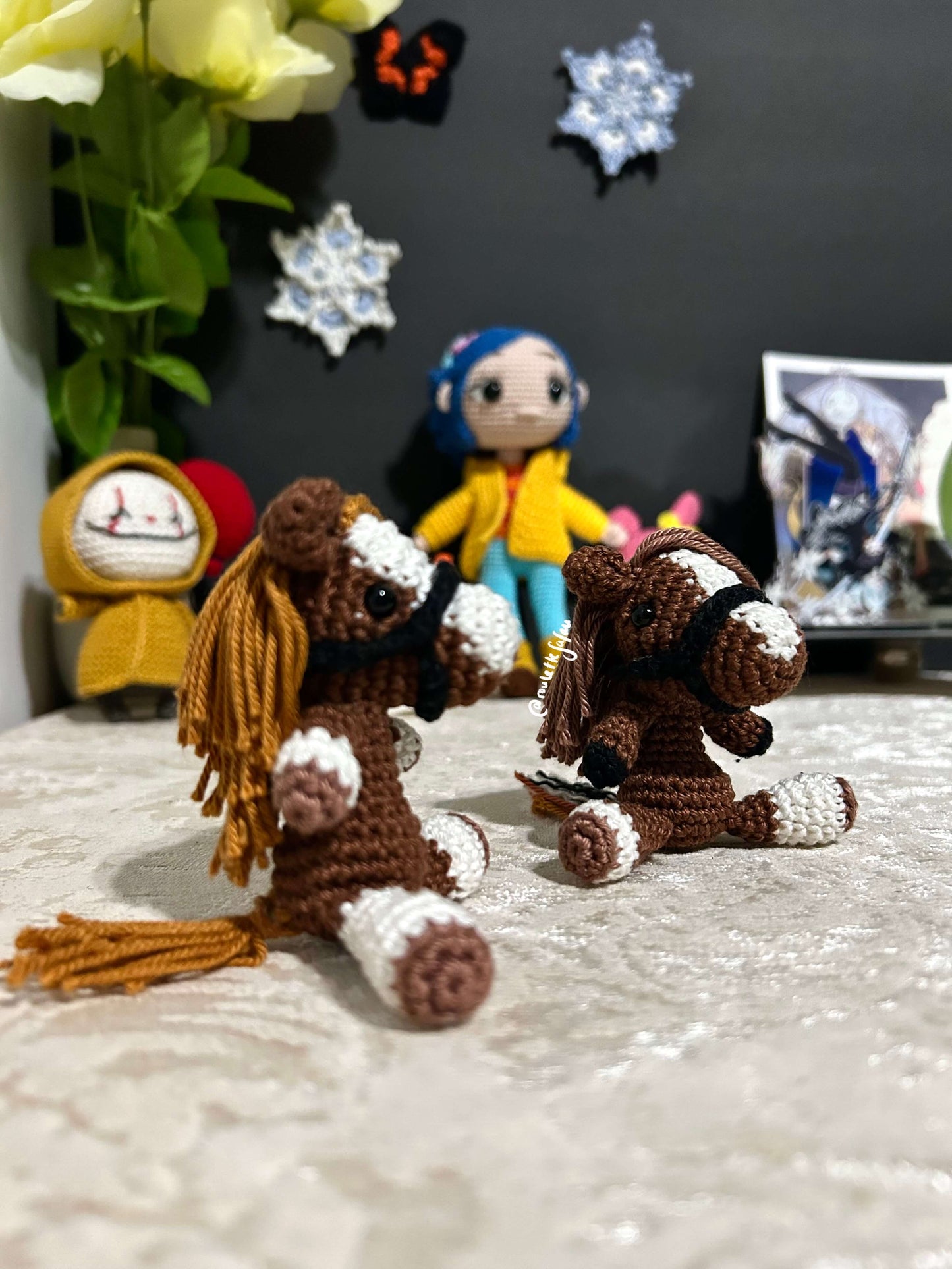 Brown White patches Crochet Amigurumi Horse with a mount keychain plush toy