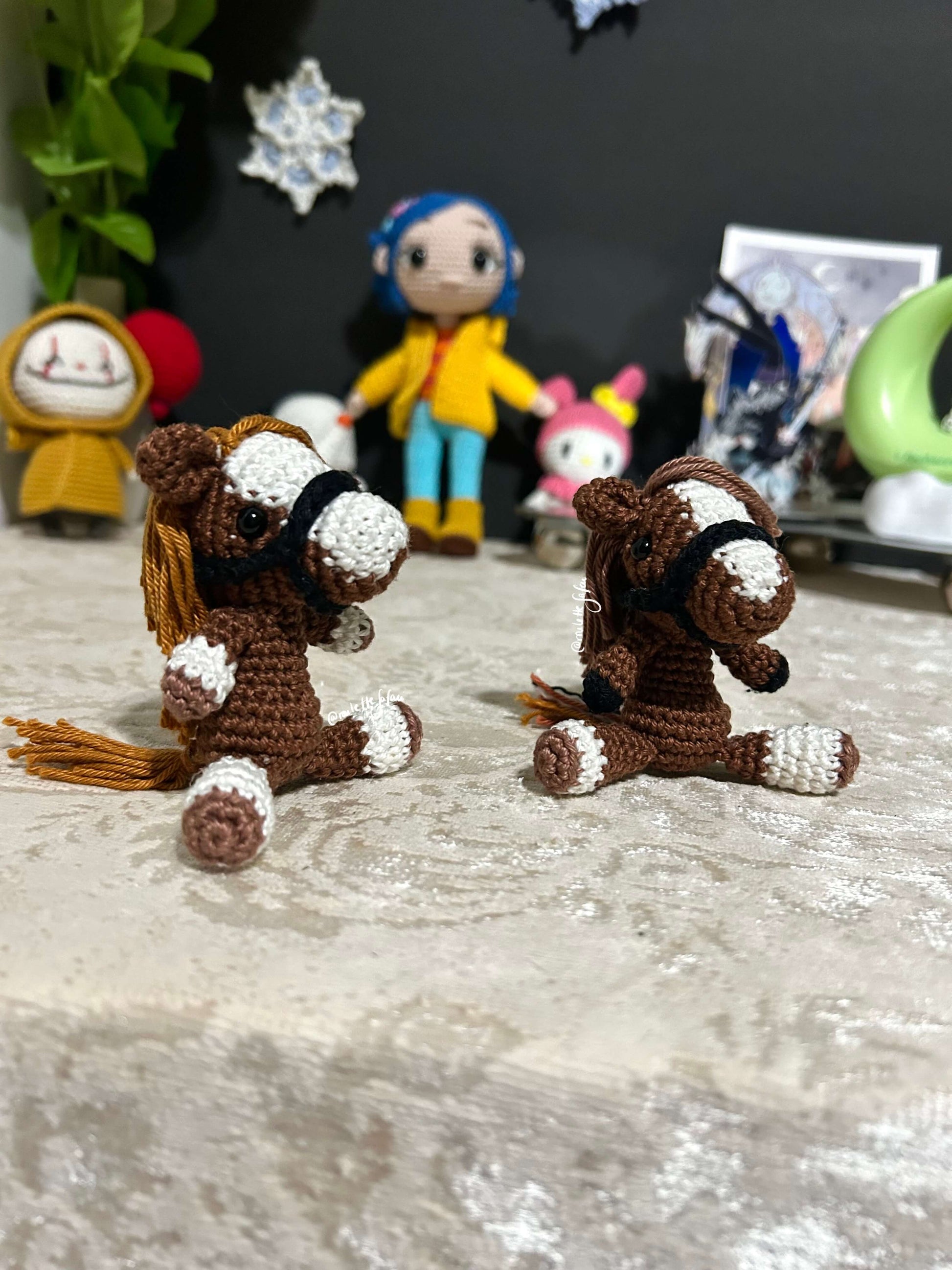 Brown White patches Crochet Amigurumi Horse with a mount keychain plush toy
