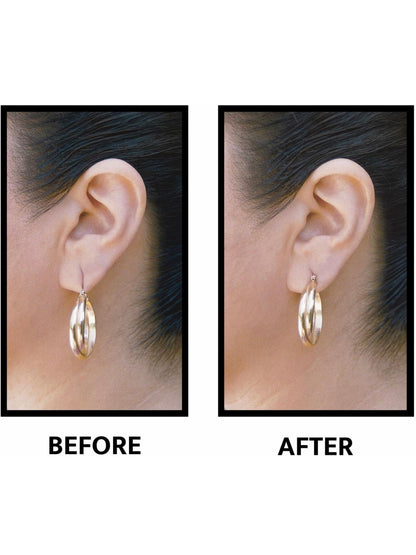 Earlobe support patch for pierced ears that eliminates the look of torn or stretched piercings and protects earlobes from tearing