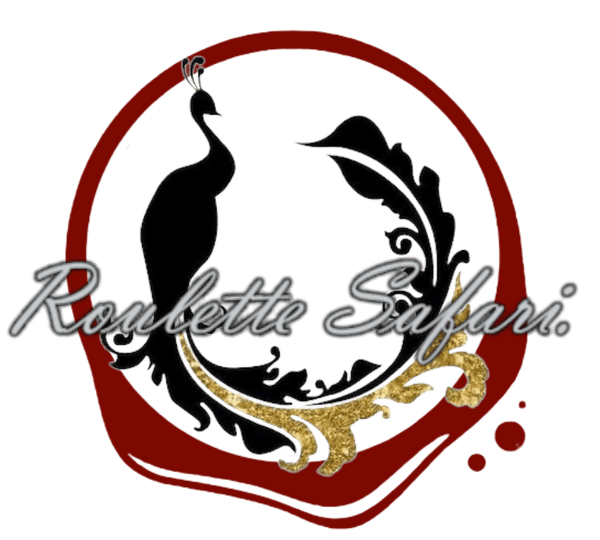 Roulette Safari logo is a black peacock with a golden tail surrounded by red ink