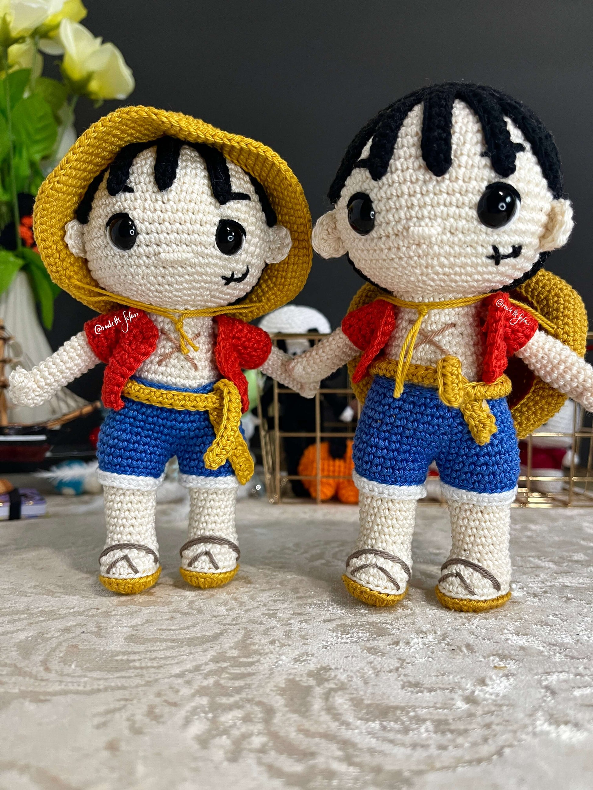 Crochet Amigurumi Pirate with a straw hat inspired Anime Luffy one piece plush doll