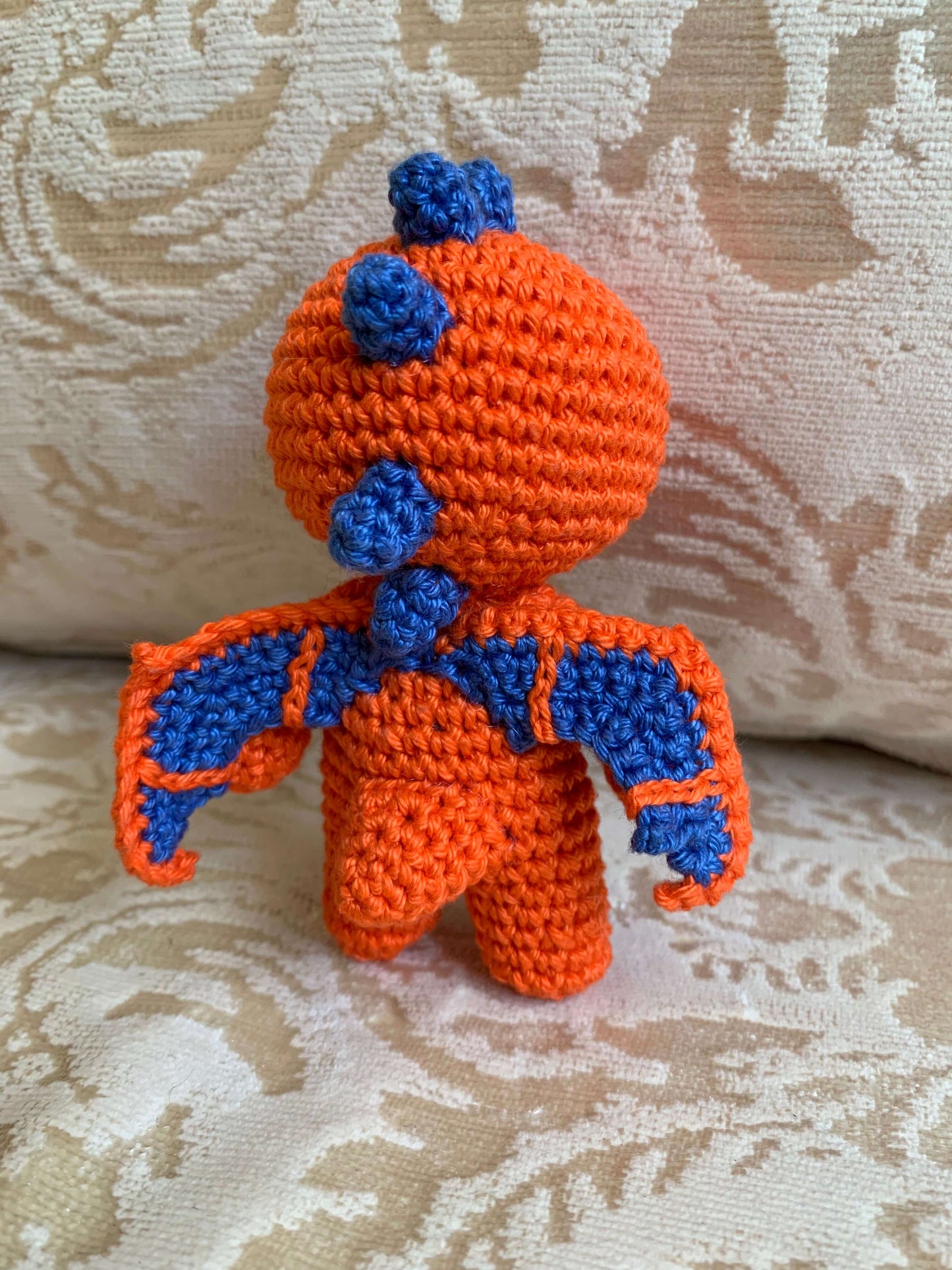 Crochet Amigurumi Orange Blue Winged Dragon plush toy keychain