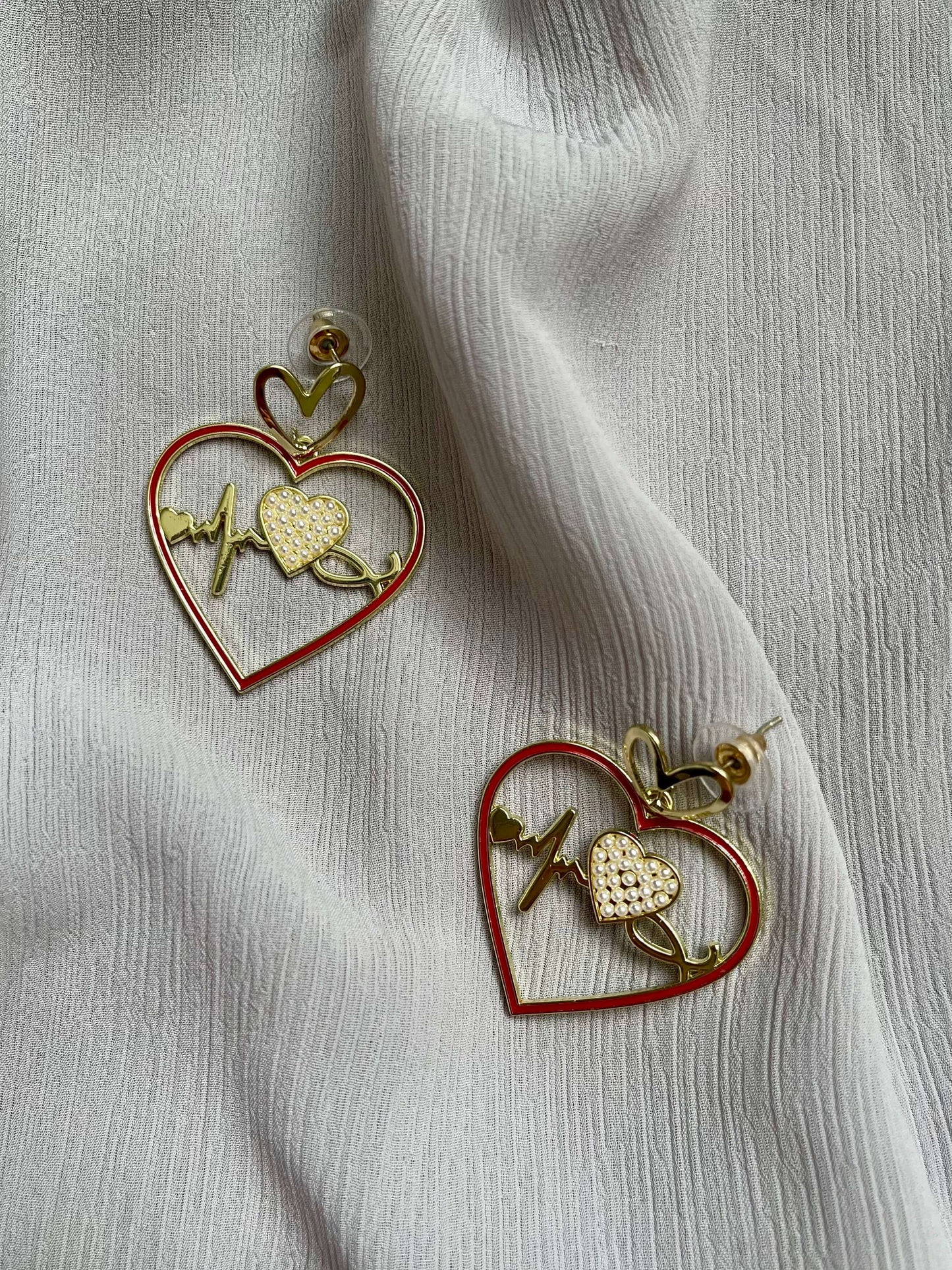 Red and gold ECG heartbeat asymmetric heart shape charm dangle drop fashion jewelry earrings - Roulette Safari