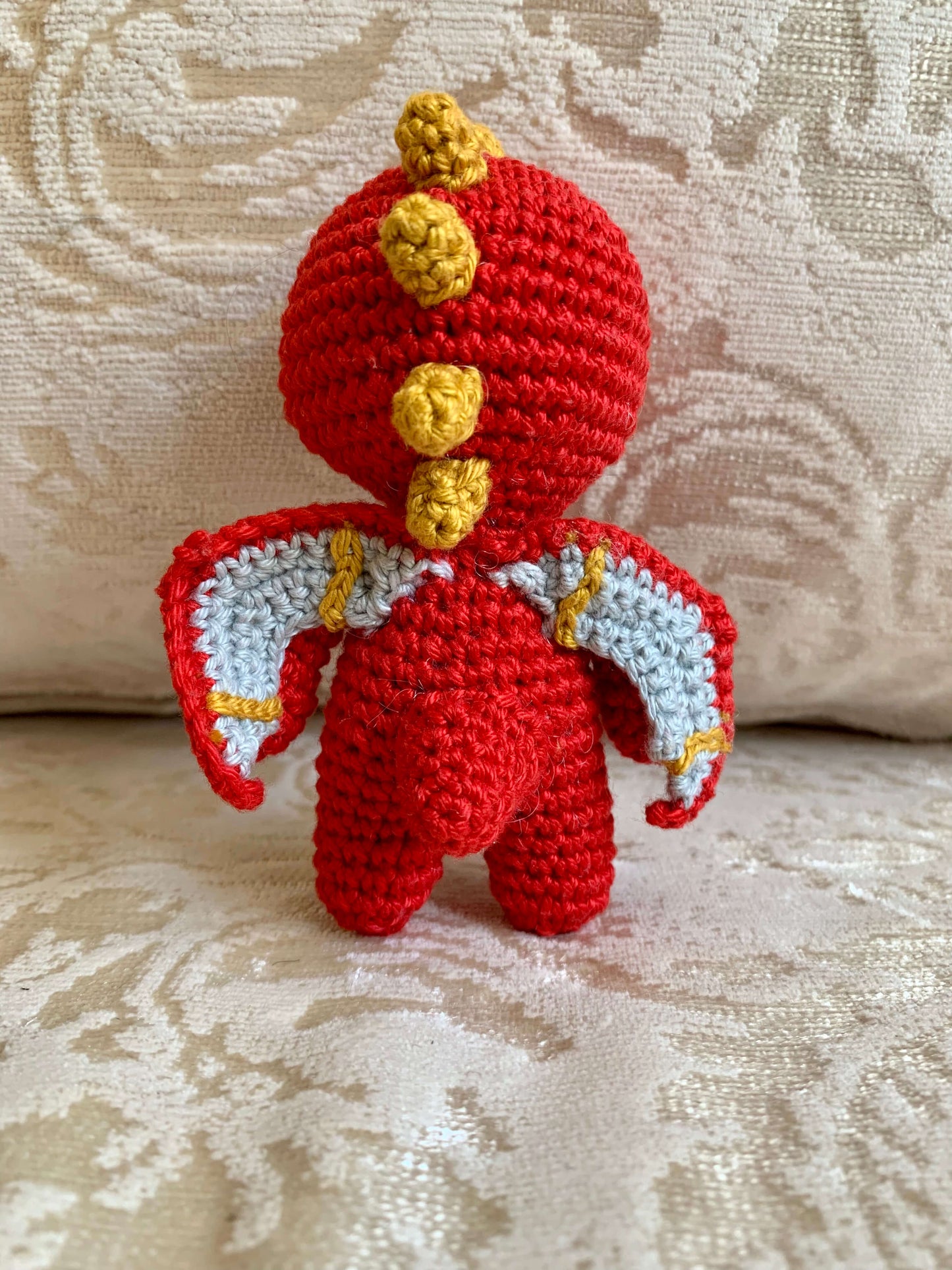 Crochet Amigurumi Red Grey Gold Winged Dragon plush toy keychain