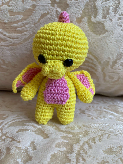 Crochet Amigurumi Yellow Pink Winged Dragon plush toy keychain